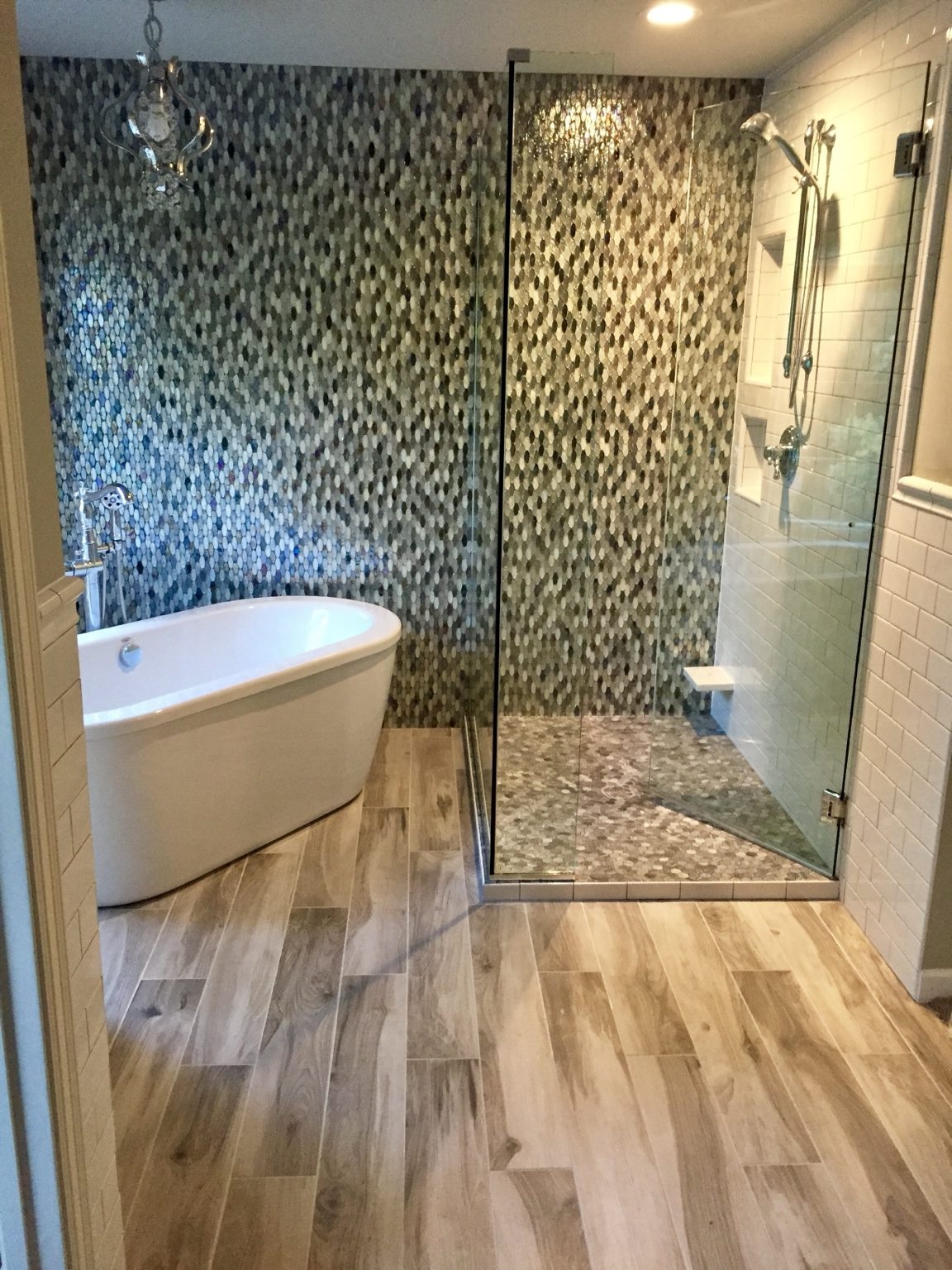 Finished shower and bathtub tilework