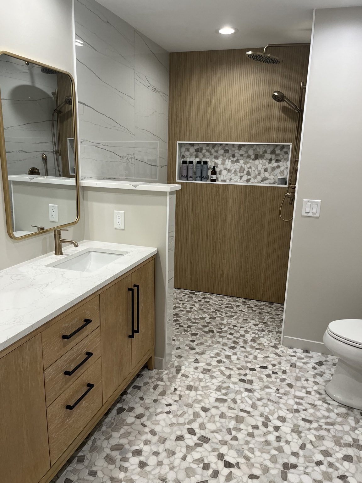 Bathroom with tile floor and shower